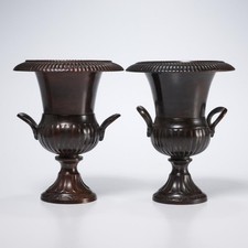 Pair Miniature Metal Planter Urn Vases Dark Brown Two Handle Decor Accents 2pc picture