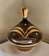 MCM Vtg Covered Compote Gold Gilt Smoke Glass Candy Dish Bowl 7.5