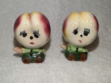 Vintage Japan Shakers Anthropomorphic Peach Head Salt Pepper Ceramic 2