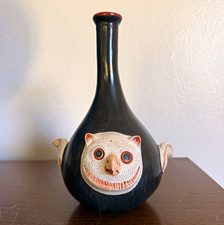 Vintage Mata Ortiz Black Pottery Owl Effigy Bottle Vase Long Neck, Handmade picture