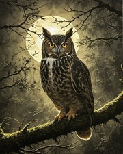 Majestic Great Horned Owl Full Moon Forest Night Fantasy Art Print picture
