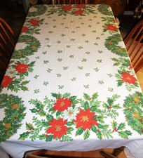 Vintage Signed Ryan Christmas Wreaths Poinsettia & Holly Tablecloth 60
