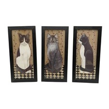 VTG Cindy Sampson Folk Art Cat Framed Art Set Of 3 Cottagecore Decor Whimsigoth picture