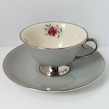 Vintage Flintridge China Miramar Rose Pattern Gray Silver Tea Cup & Saucer Set picture