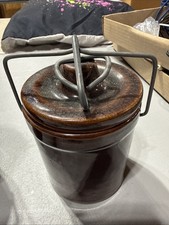 2 Vintage Stoneware Brown Glazed Crock with Lid and Wire Bail Closure picture