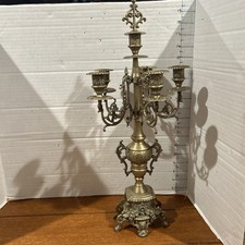 Large Rococo Ornate Brass 5 Arm Candelabra & Snuffer Antique Style 20”x 8” picture