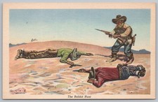 Rabbit Hunt Gunfight Lon Megargee Western Art Postcard Funny Desert Scene 1940s picture