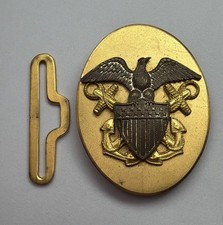 Vintage US Navy Officer Dress Belt Buckle With Keeper Brass Eagle Anchors USN picture