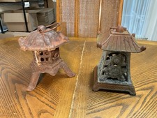 2 Vtg Japanese Pagoda Cast Iron Garden Lanterns  D3 picture
