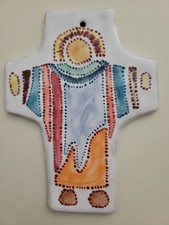 Vintage Mexican Mexico Pottery Cross Wall Art Religious Hand Painted 7”-signed picture