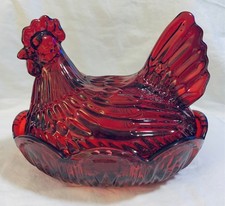 NEW Ruby Red Glass Hen Chicken Nest 7” W x 8.5” L x 7” H  Candy Display Dish picture