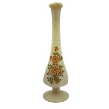 Vintage Fenton Custard Satin Glass Swung Hand Painted Vase Artist Signed 10 1/2