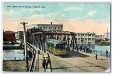 1913 Main Street Truss Bridge River Trolley People Oshkosh Wisconsin WI Postcard picture