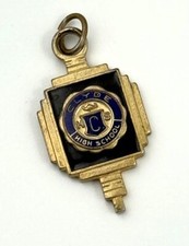 Vtg Clyde High School Charm Pendant Blue Enamel Gold Tone Deco Style Key Fob picture