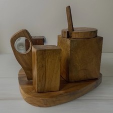 Vintage Oliv-Art Spain Olive Wood Salt Pepper Condiment Set Heart Stand MCM picture
