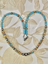 VTG Native American Sterling Spiny Oyster Turquoise Pearl Beads Necklace 16.5” picture