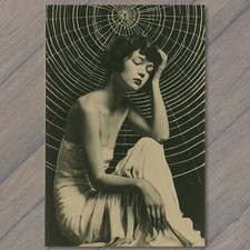 POSTCARD Flapper Woman Spider Web Surreal Black White Glamour Satin Dress 1920s picture